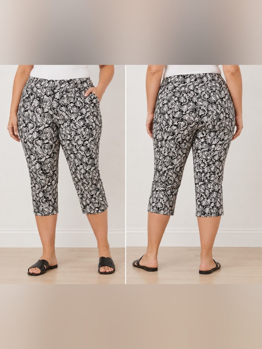 Kim Rogers Curvy Black and White Floral Print Capris Size 18W